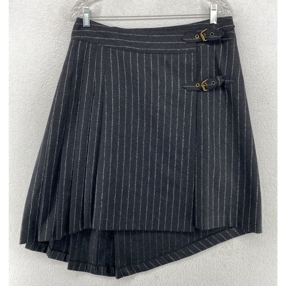 ARAYAL Skirt 42 Wool Flannel Pinstriped Wrap Mini Pleated Asymmetric Gray - Picture 1 of 10